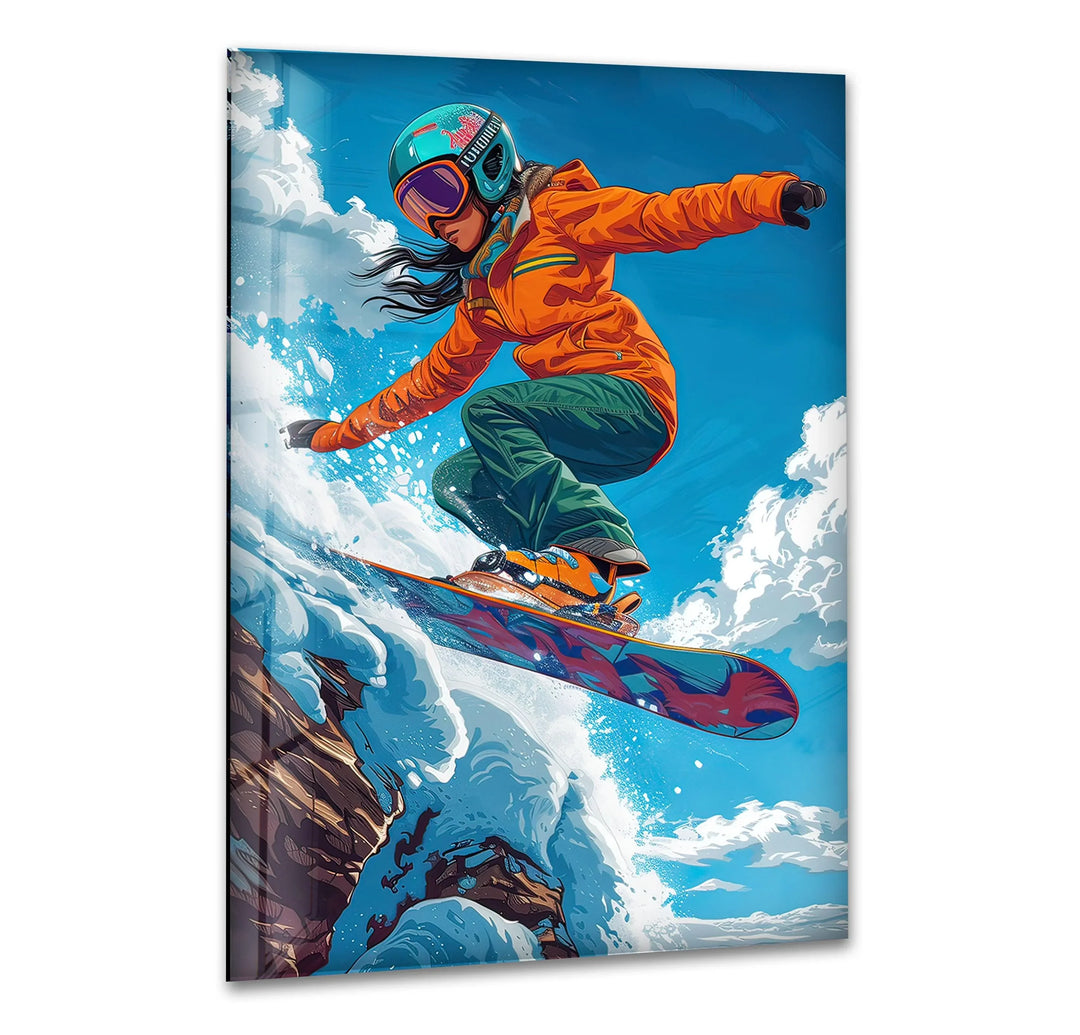 Snowboarder with Orange Suit Glass Wall Art print picture on glass, Tempered Glass Wall Art