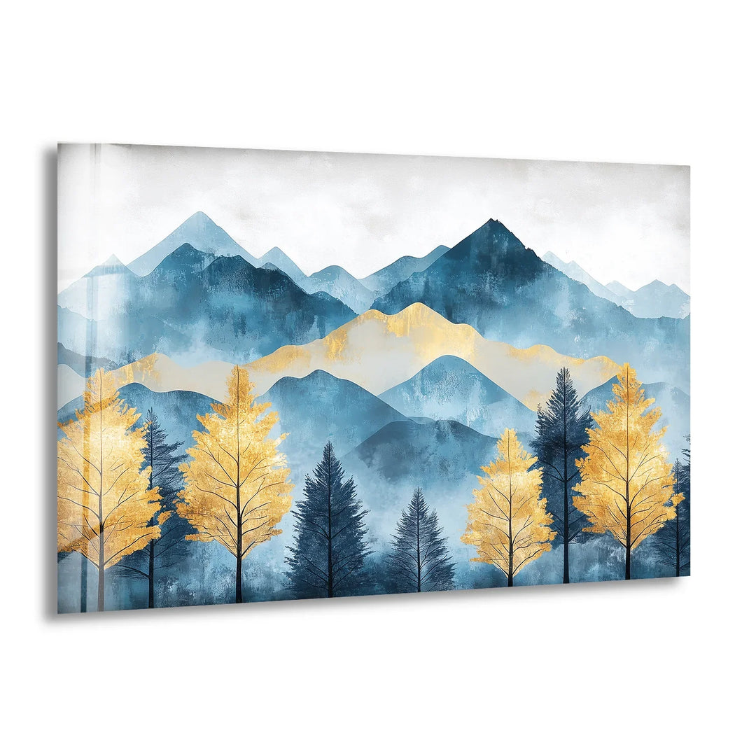 Golden Pines in Azure Mountains – Landscape Glass Wall Art - MyPhotoStation