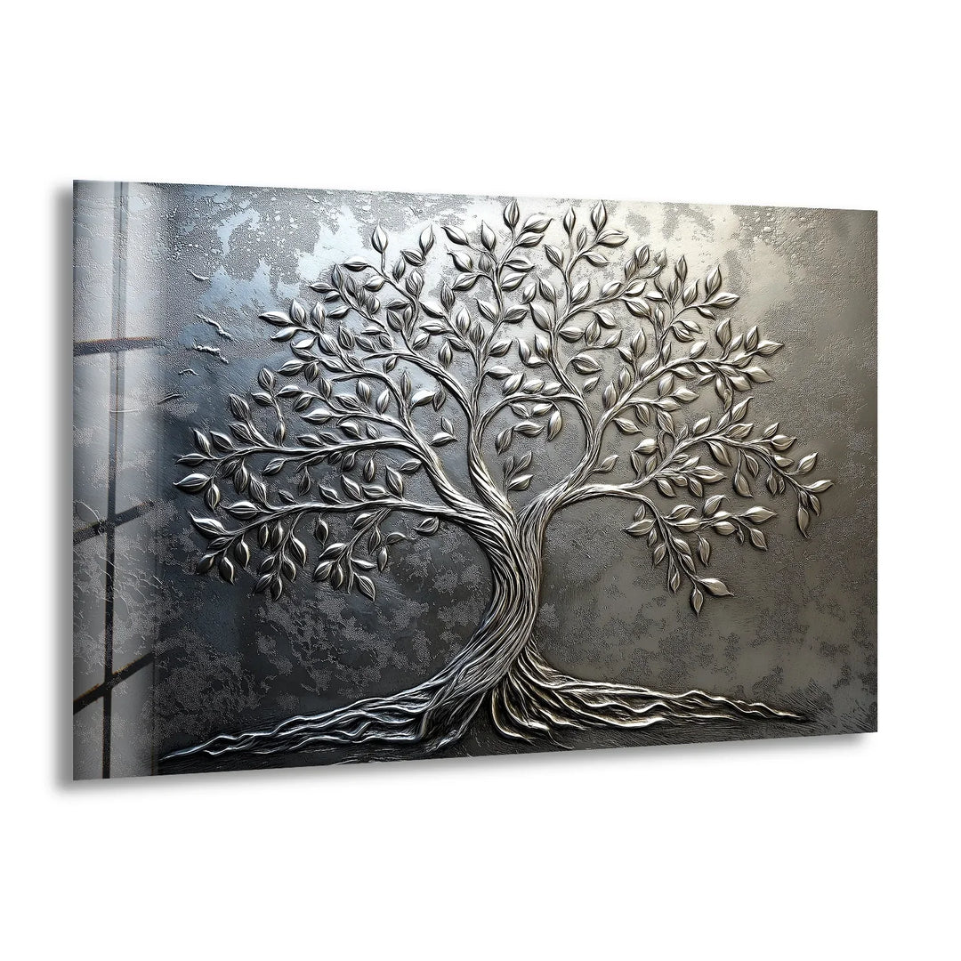 Elegant Silver Tree of Life – Metallic Relief Glass Wall Art - MyPhotoStation