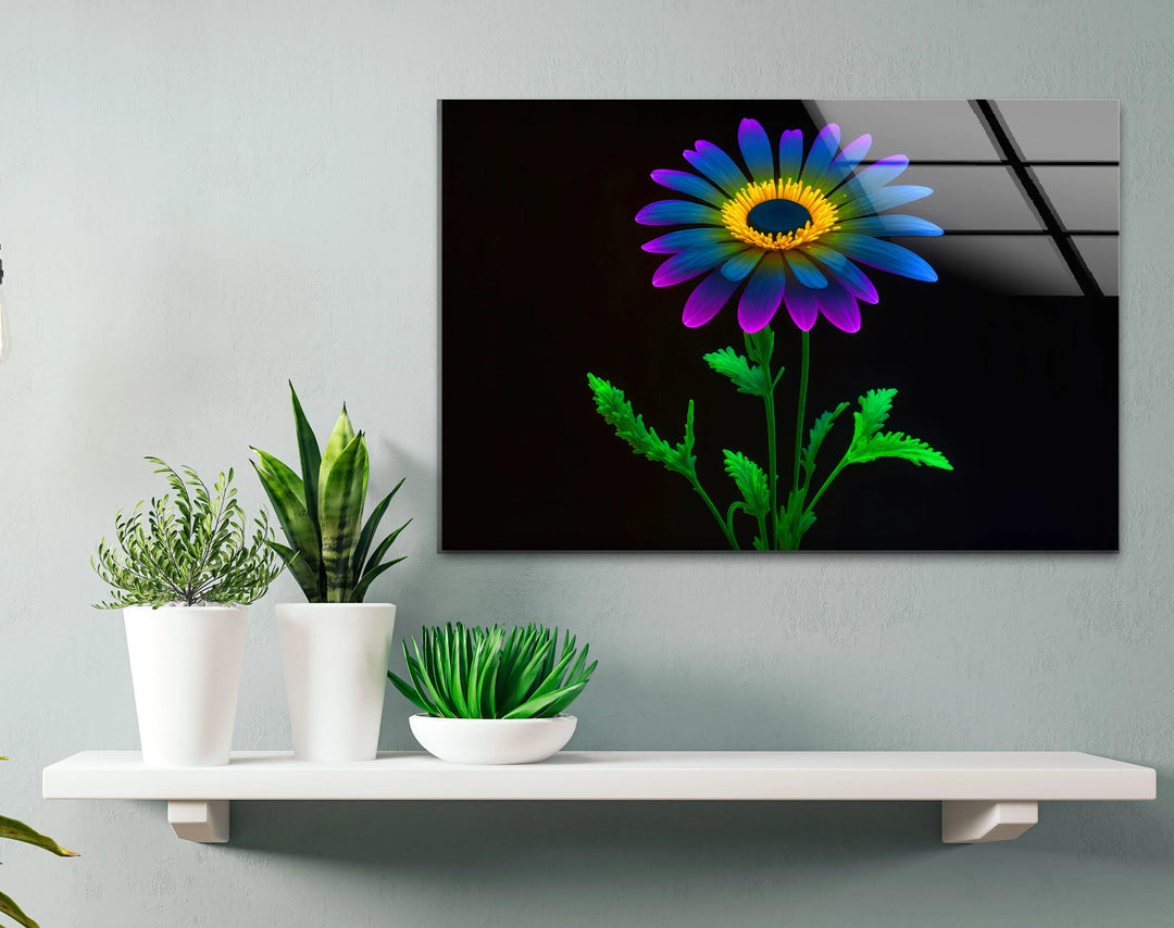 Neon Daisy Flower Wall Art – Colorful Glass Print on Black Background for Modern and Futuristic Interiors - MyPhotoStation