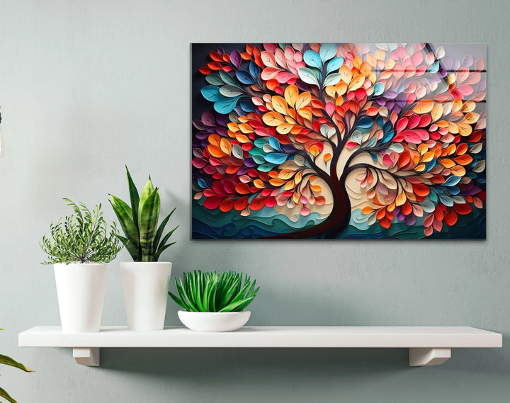 Colorful Tree of Life Wall Art – Vibrant Multicolor Glass Print with 3D Leaf Design for Modern Home Decor - MyPhotoStation