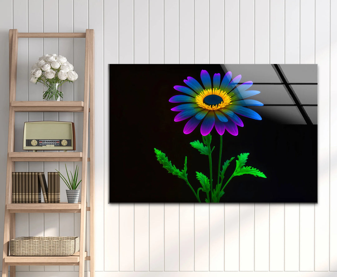 Neon Daisy Flower Wall Art – Colorful Glass Print on Black Background for Modern and Futuristic Interiors - MyPhotoStation