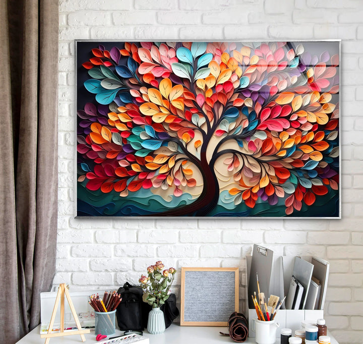 Colorful Tree of Life Wall Art – Vibrant Multicolor Glass Print with 3D Leaf Design for Modern Home Decor - MyPhotoStation