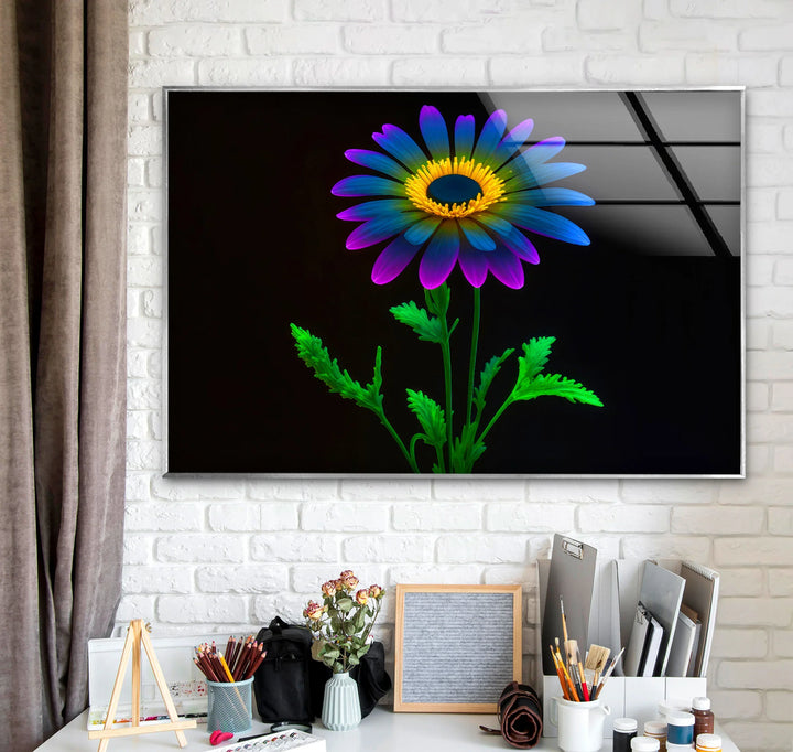 Neon Daisy Flower Wall Art – Colorful Glass Print on Black Background for Modern and Futuristic Interiors - MyPhotoStation