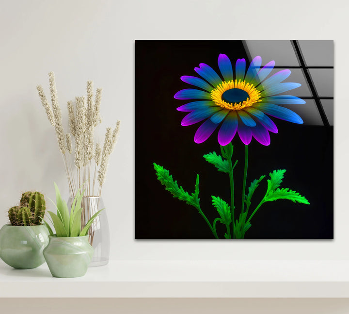 Neon Daisy Flower Wall Art – Colorful Glass Print on Black Background for Modern and Futuristic Interiors - MyPhotoStation