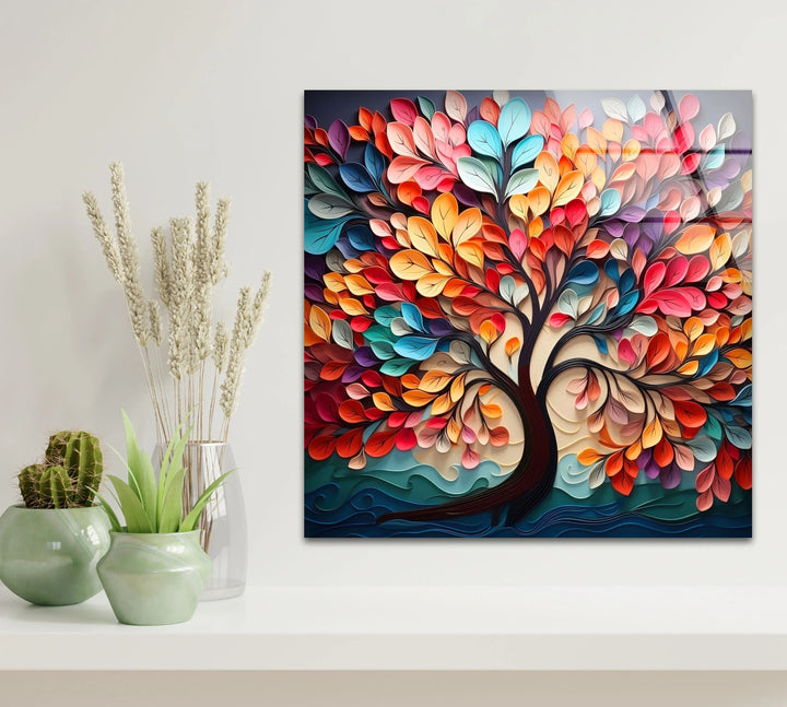 Colorful Tree of Life Wall Art – Vibrant Multicolor Glass Print with 3D Leaf Design for Modern Home Decor - MyPhotoStation