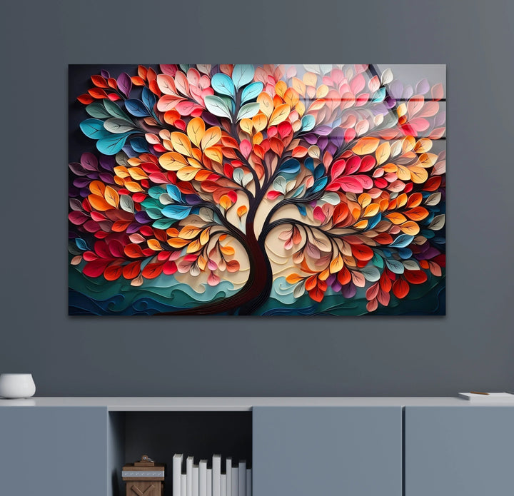 Colorful Tree of Life Wall Art – Vibrant Multicolor Glass Print with 3D Leaf Design for Modern Home Decor - MyPhotoStation