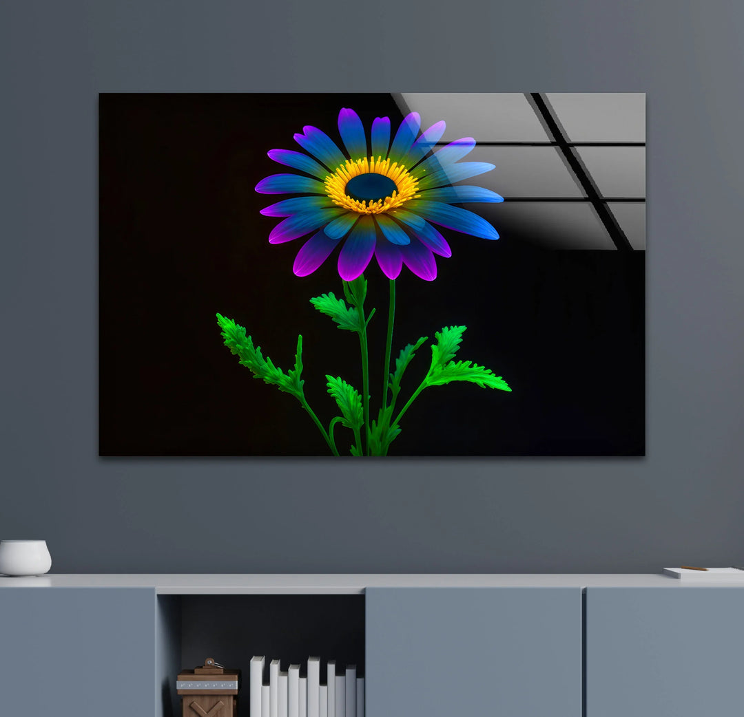 Neon Daisy Flower Wall Art – Colorful Glass Print on Black Background for Modern and Futuristic Interiors - MyPhotoStation