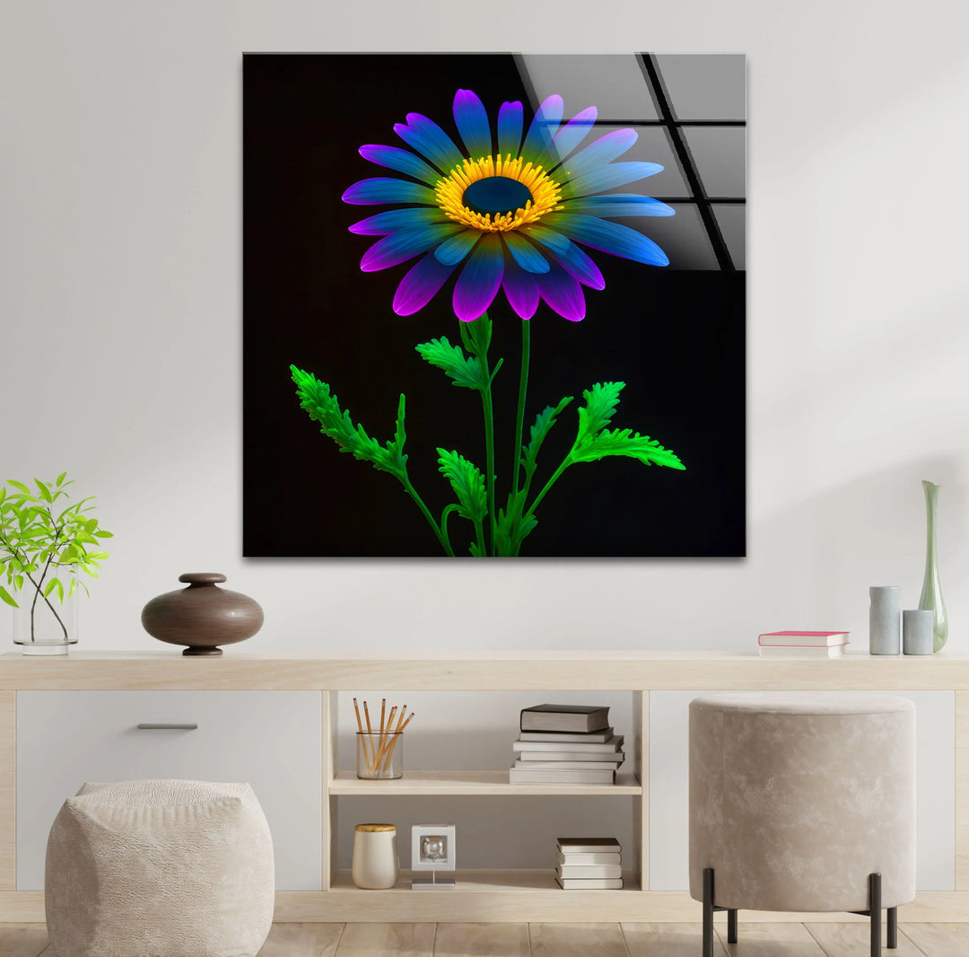 Neon Daisy Flower Wall Art – Colorful Glass Print on Black Background for Modern and Futuristic Interiors - MyPhotoStation