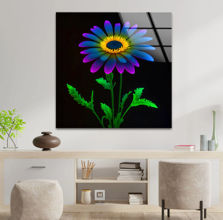 Neon Daisy Flower Wall Art – Colorful Glass Print on Black Background for Modern and Futuristic Interiors - MyPhotoStation