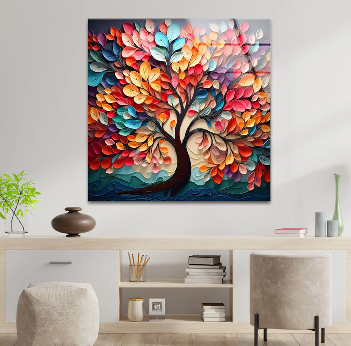 Colorful Tree of Life Wall Art – Vibrant Multicolor Glass Print with 3D Leaf Design for Modern Home Decor - MyPhotoStation