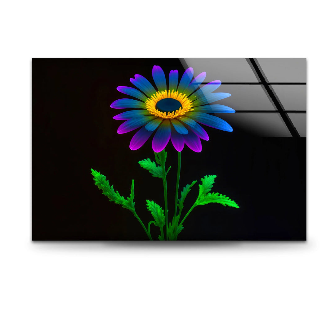 Neon Daisy Flower Wall Art – Colorful Glass Print on Black Background for Modern and Futuristic Interiors - MyPhotoStation