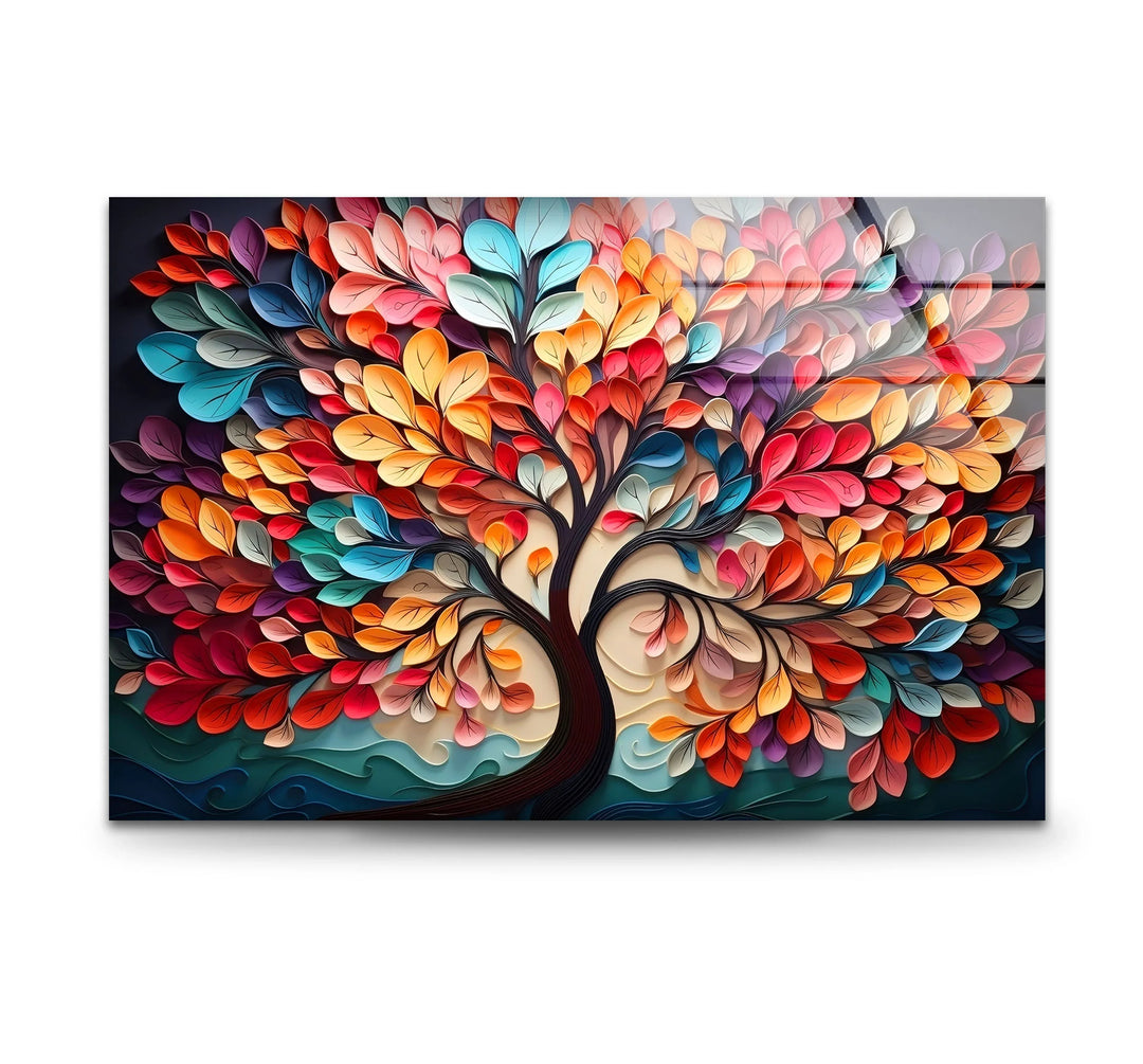 Colorful Tree of Life Wall Art – Vibrant Multicolor Glass Print with 3D Leaf Design for Modern Home Decor - MyPhotoStation