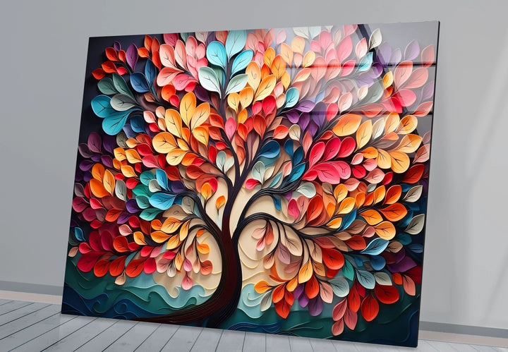 Colorful Tree of Life Wall Art – Vibrant Multicolor Glass Print with 3D Leaf Design for Modern Home Decor - MyPhotoStation