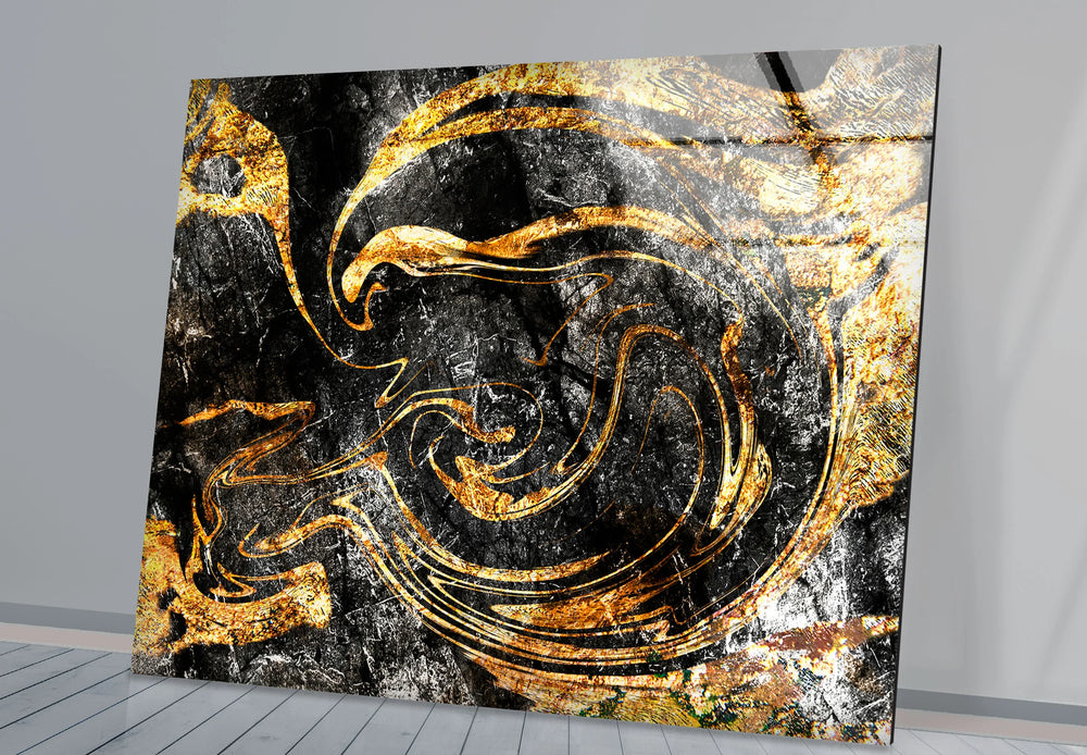 Black Gold Abstract Wall Art – Luxurious Textured Glass Print with Metallic Swirl Design for Bold Modern Interiors - MyPhotoStation