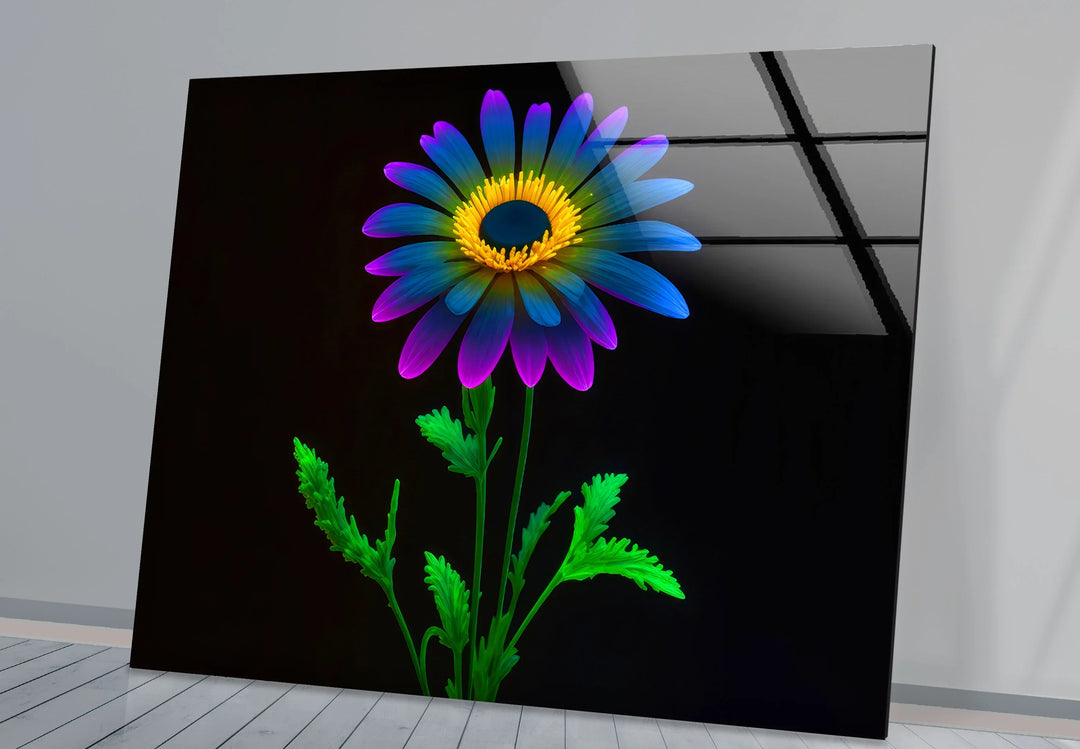 Neon Daisy Flower Wall Art – Colorful Glass Print on Black Background for Modern and Futuristic Interiors - MyPhotoStation