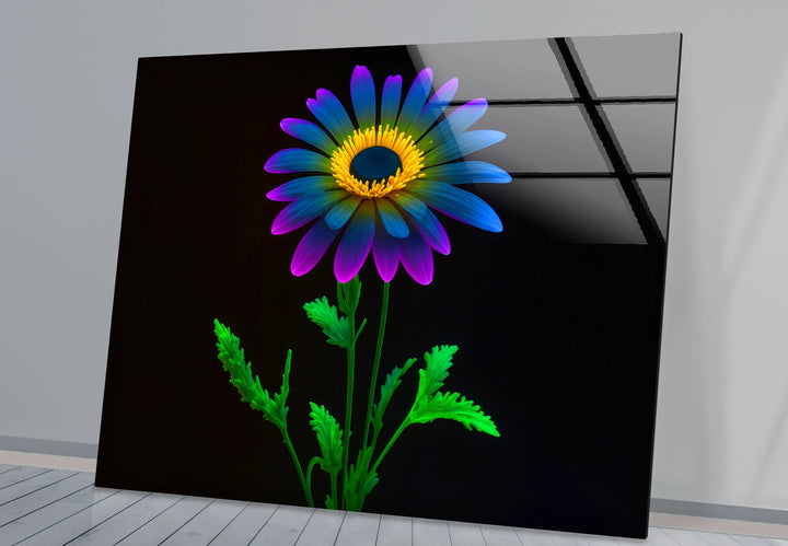 Neon Daisy Flower Wall Art – Colorful Glass Print on Black Background for Modern and Futuristic Interiors - MyPhotoStation
