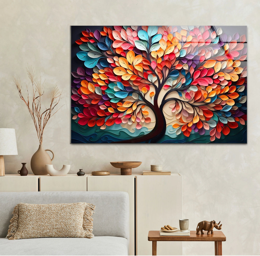Colorful Tree of Life Wall Art – Vibrant Multicolor Glass Print with 3D Leaf Design for Modern Home Decor - MyPhotoStation
