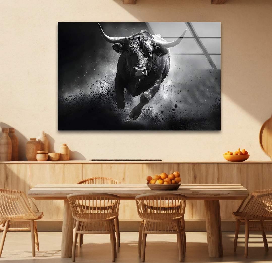 Chic black and white wall art of a bull ideal for creating a bold focal point in modern interiors
