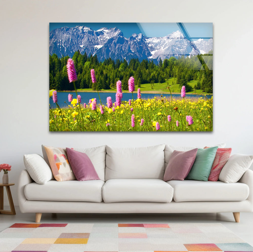 Alpine Meadow Glass Wall Art – Mountain Landscape & Wildflowers - MyPhotoStation