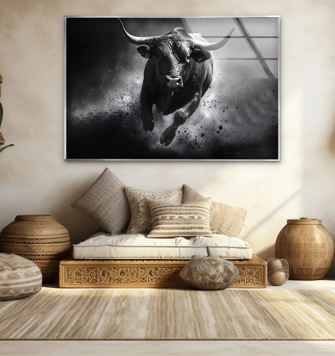 Timeless black and white paintings of a bull in motion perfect for adding power and elegance to any space