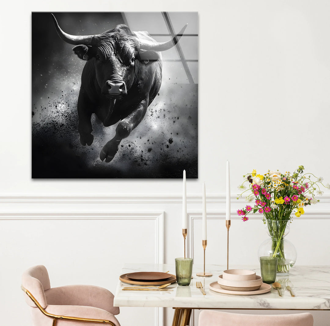 Captivating black and white wall decor featuring a bull in motion with intricate details and expressive lines