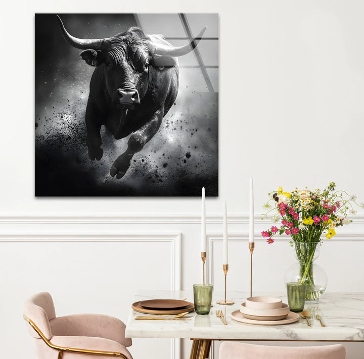 Captivating black and white wall decor featuring a bull in motion with intricate details and expressive lines