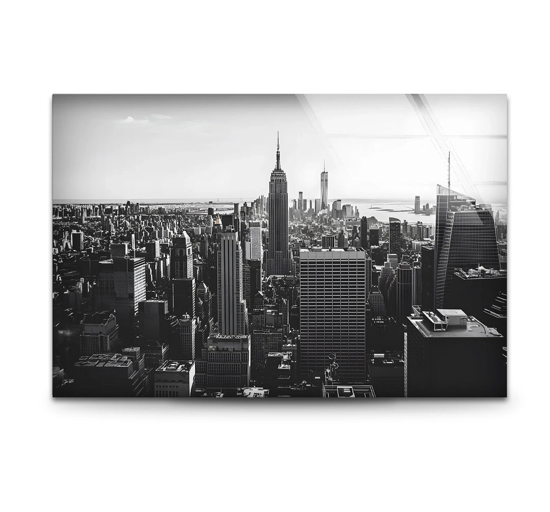Black and white art featuring the iconic Empire State Building with intricate architectural details