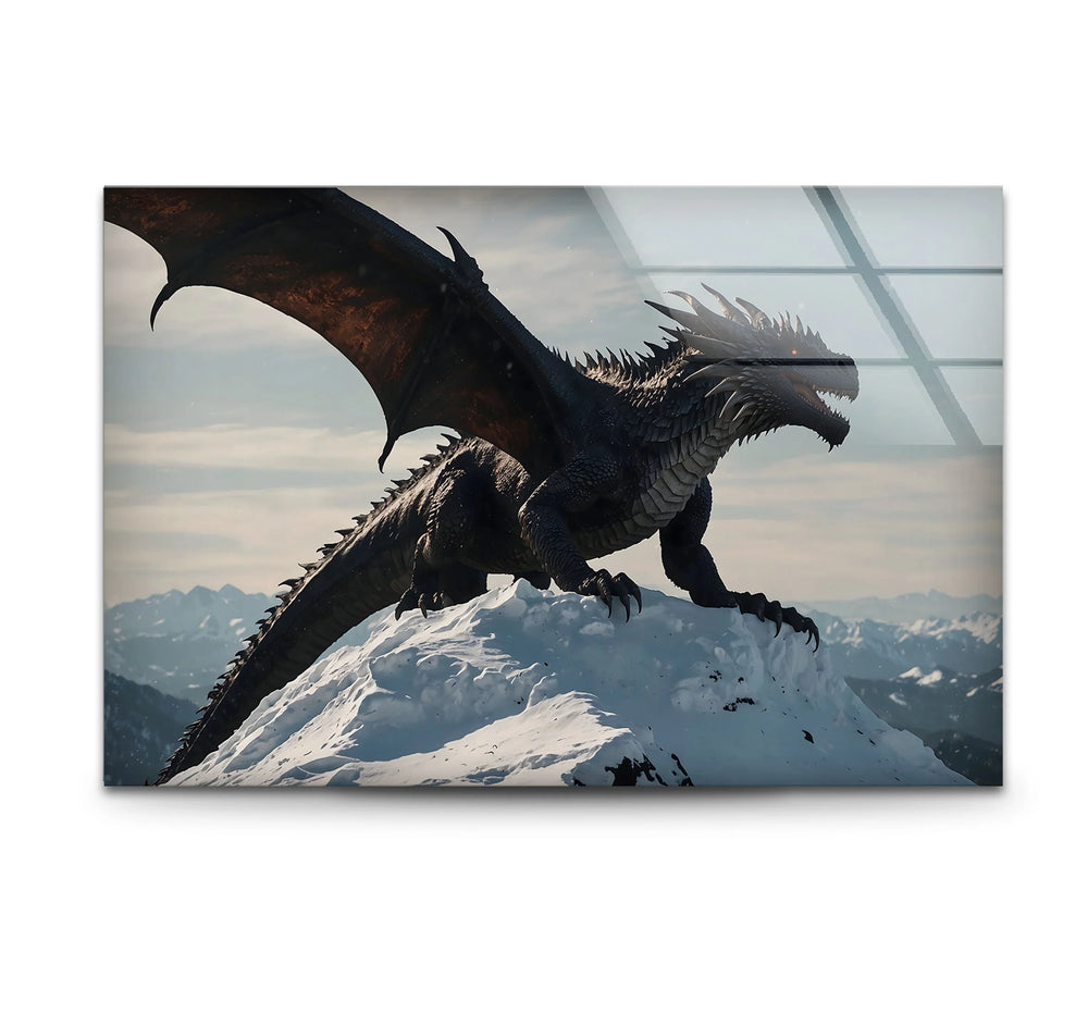 Majestic Dragon: A powerful dragon standing on a snow-covered peak, captured in glass wall art.