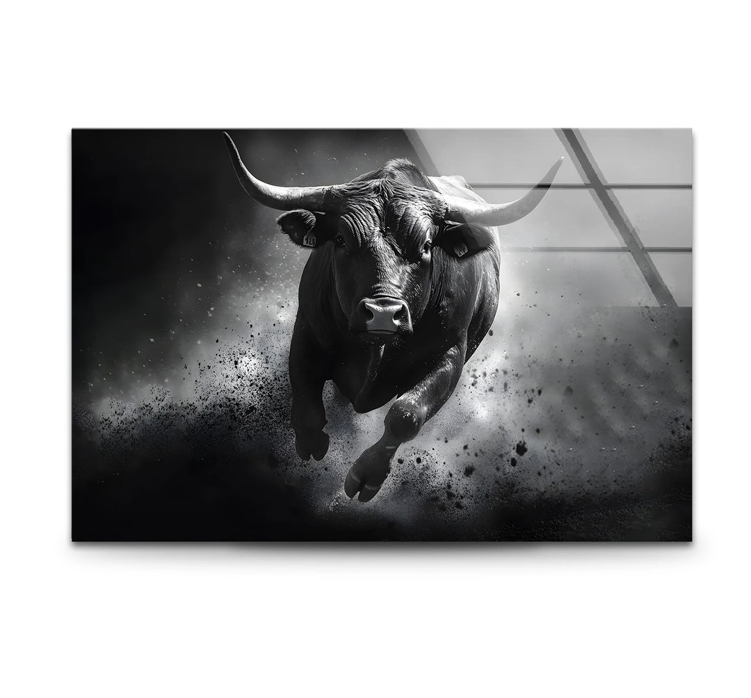 Black and white art featuring a dynamic depiction of a bull in motion with bold contrasts