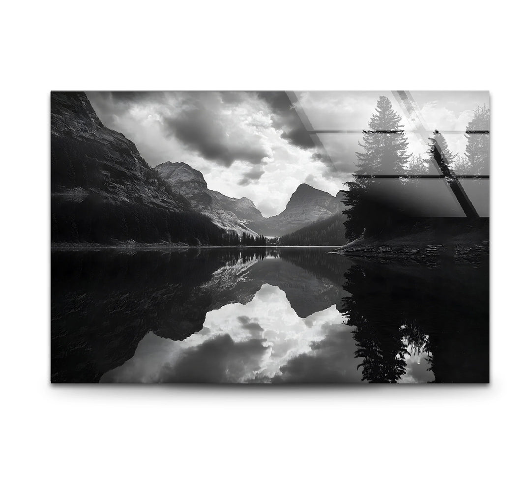 Black and white art featuring a tranquil lake landscape with reflective water
