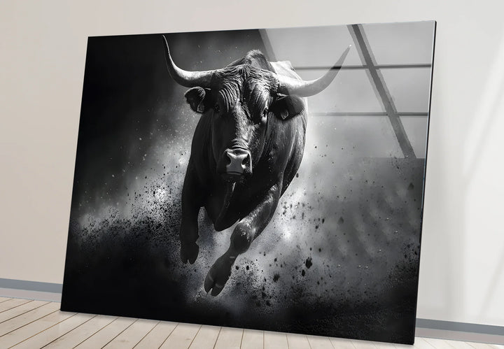 Unique black and white wall decor showcasing a bull in motion with high contrast and artistic flair