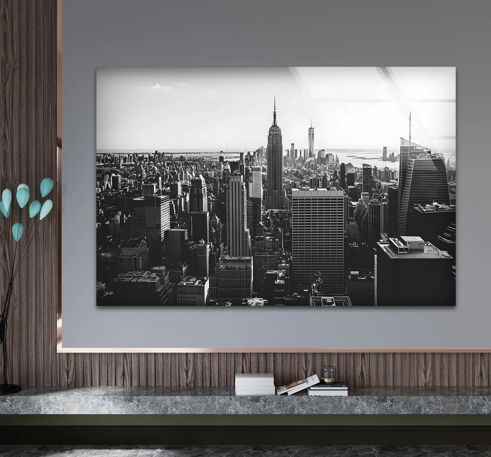 Stylish black and white wall art showcasing the Empire State Building in a dramatic New York cityscape