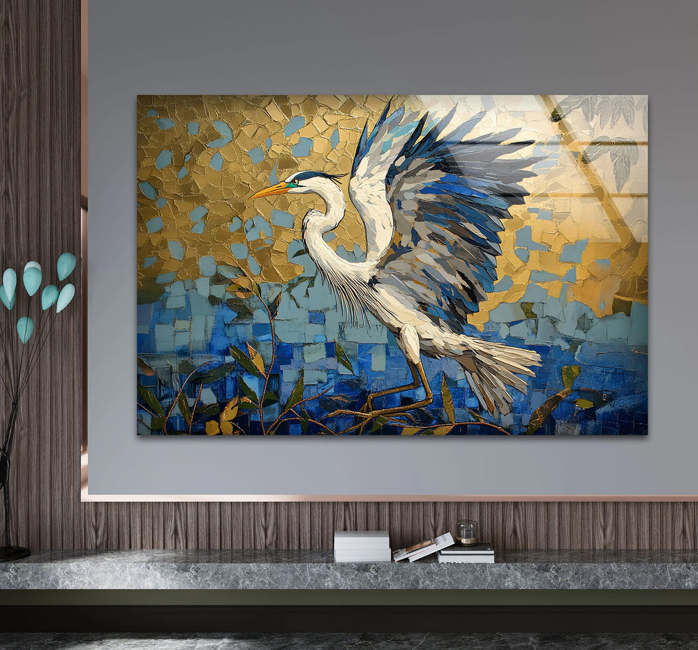Wings of Gold – Mosaic Heron in Flight Glass Wall Art - MyPhotoStation