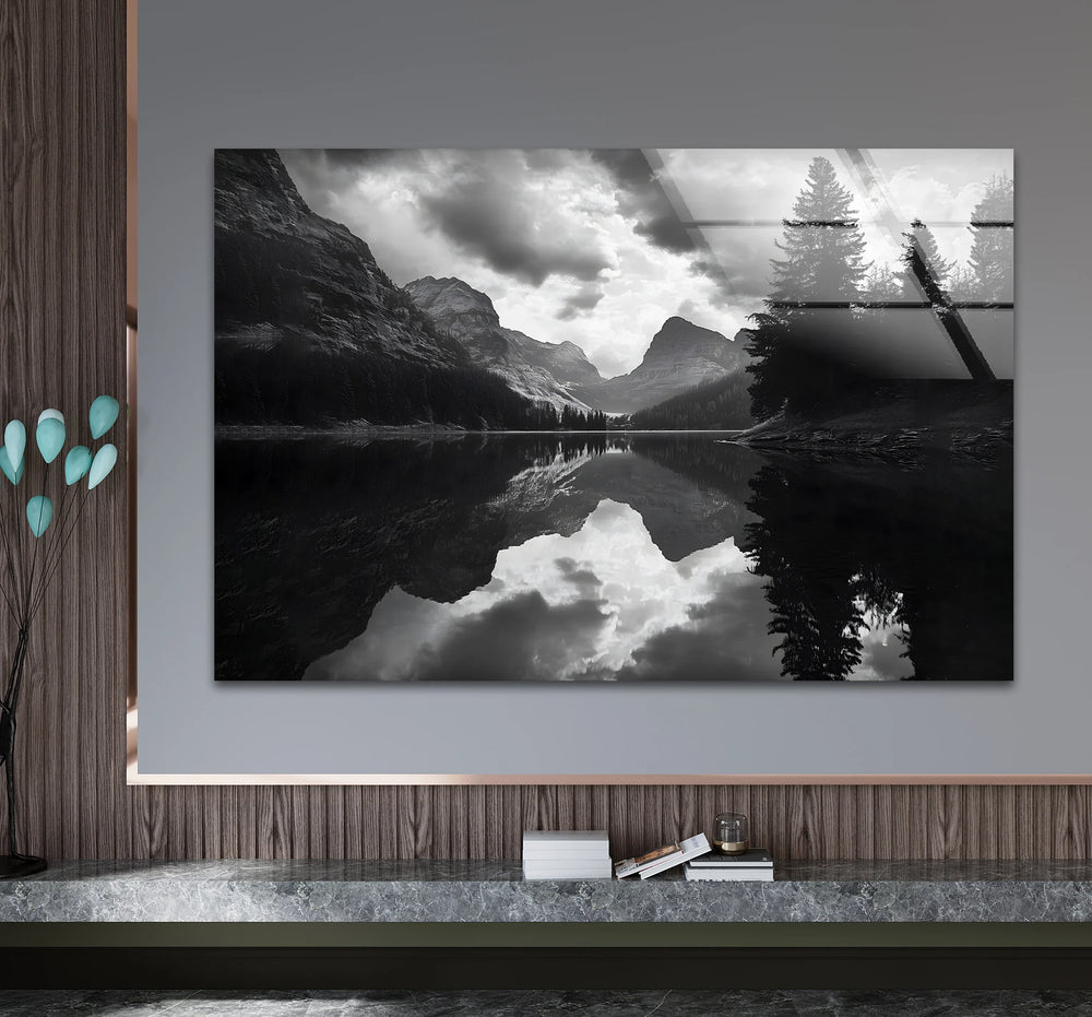 Stylish black and white wall art showcasing a serene lake surrounded by trees in a minimalist design