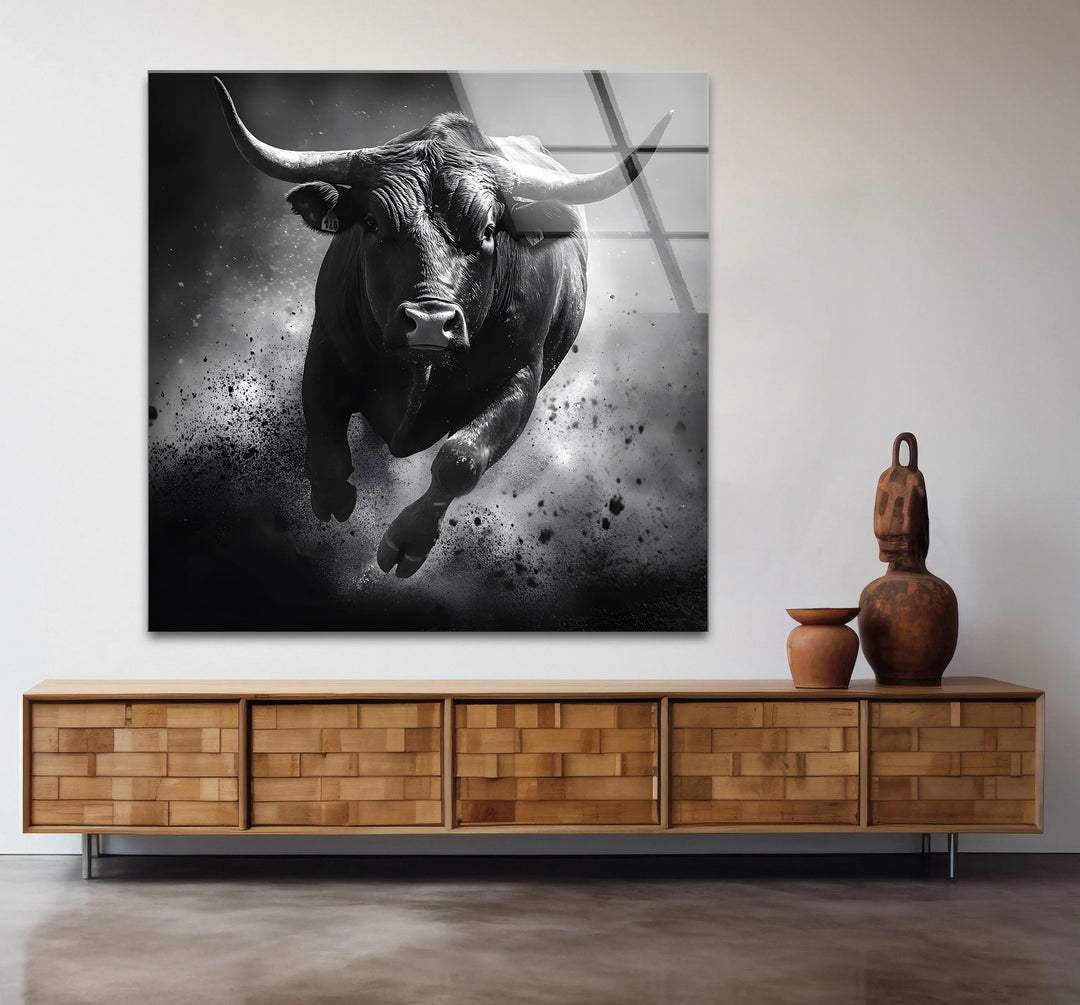 Striking black and white abstract art celebrating the motion and power of a bull in a dynamic design