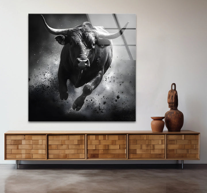 Striking black and white abstract art celebrating the motion and power of a bull in a dynamic design