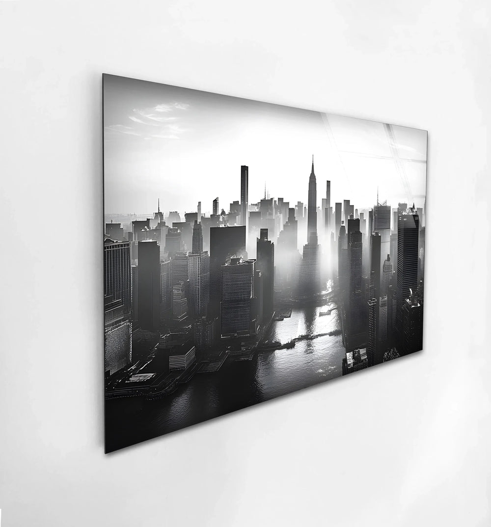 Captivating black-and-white skyline of New York, captured in stunning detail on durable glass.