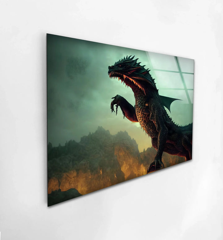 Fierce Dragon in Fiery Landscape: A Mythical Creature Roaring in the Flames on Glass Wall Art - MyPhotoStation