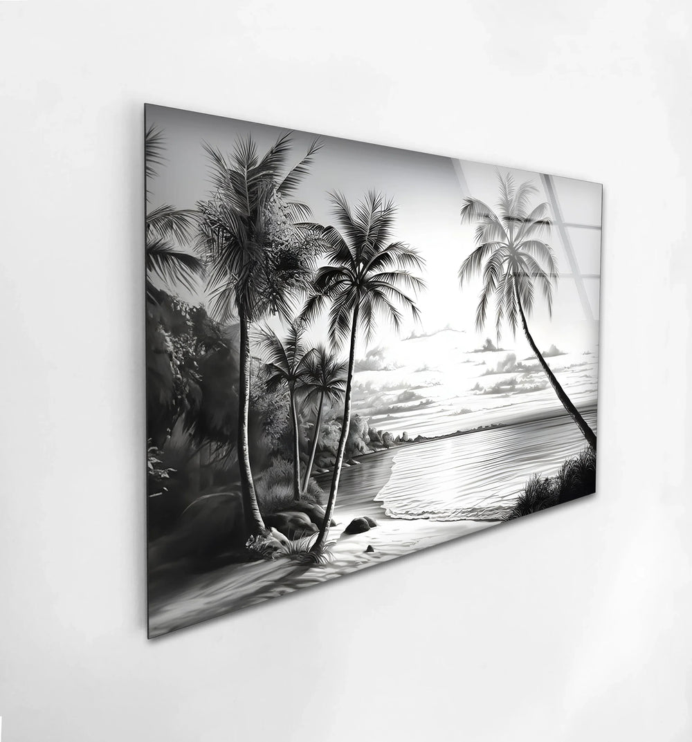 Elegant coastal-inspired black and white glass wall art, capturing the beauty of a tropical paradise.