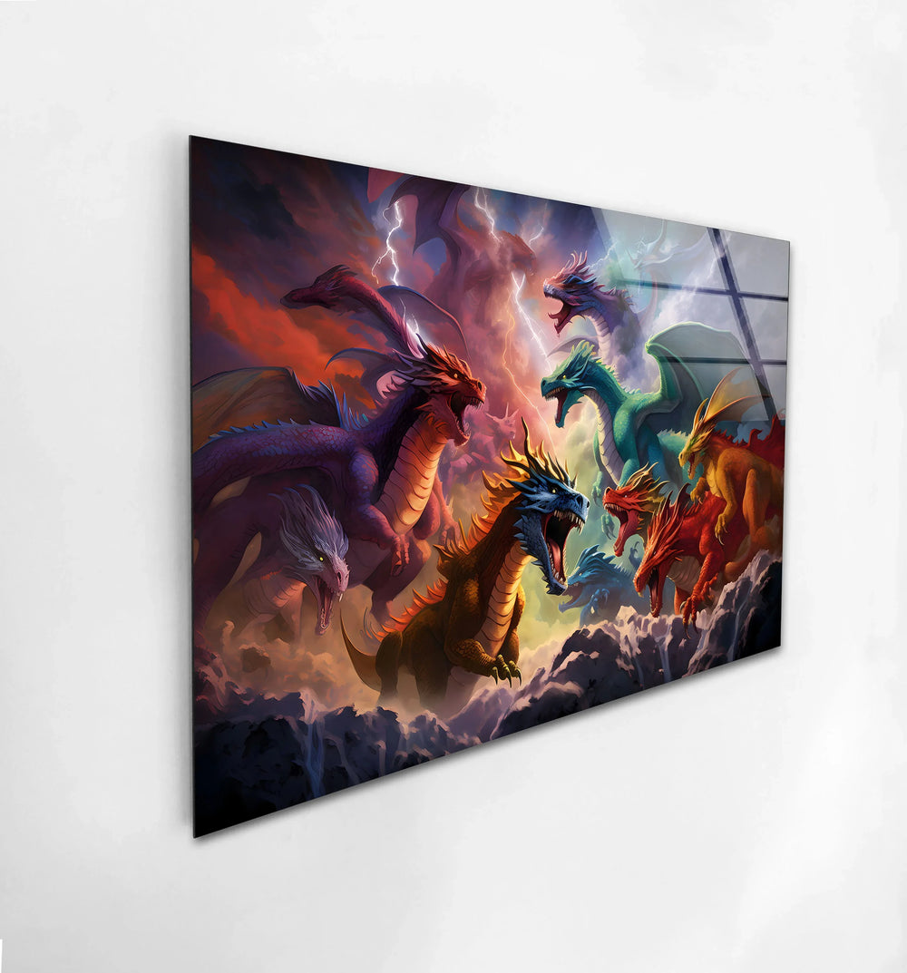 Majestic Dragons in Battle: A Bold and Colorful Glass Wall Art
