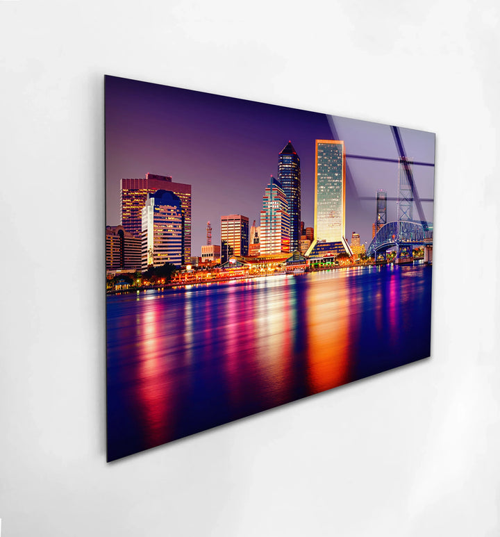 Jacksonville Skyline Glass Wall Art – Stunning View of Florida’s Iconic Downtown at Night - MyPhotoStation