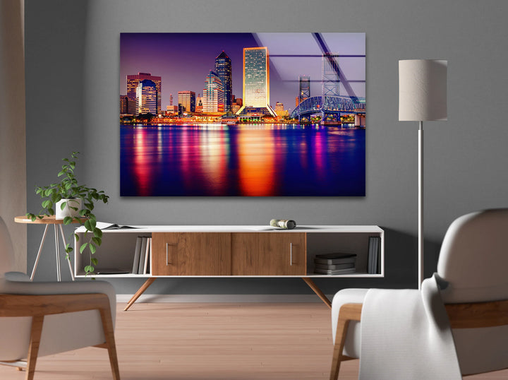 Jacksonville Skyline Glass Wall Art – Stunning View of Florida’s Iconic Downtown at Night - MyPhotoStation