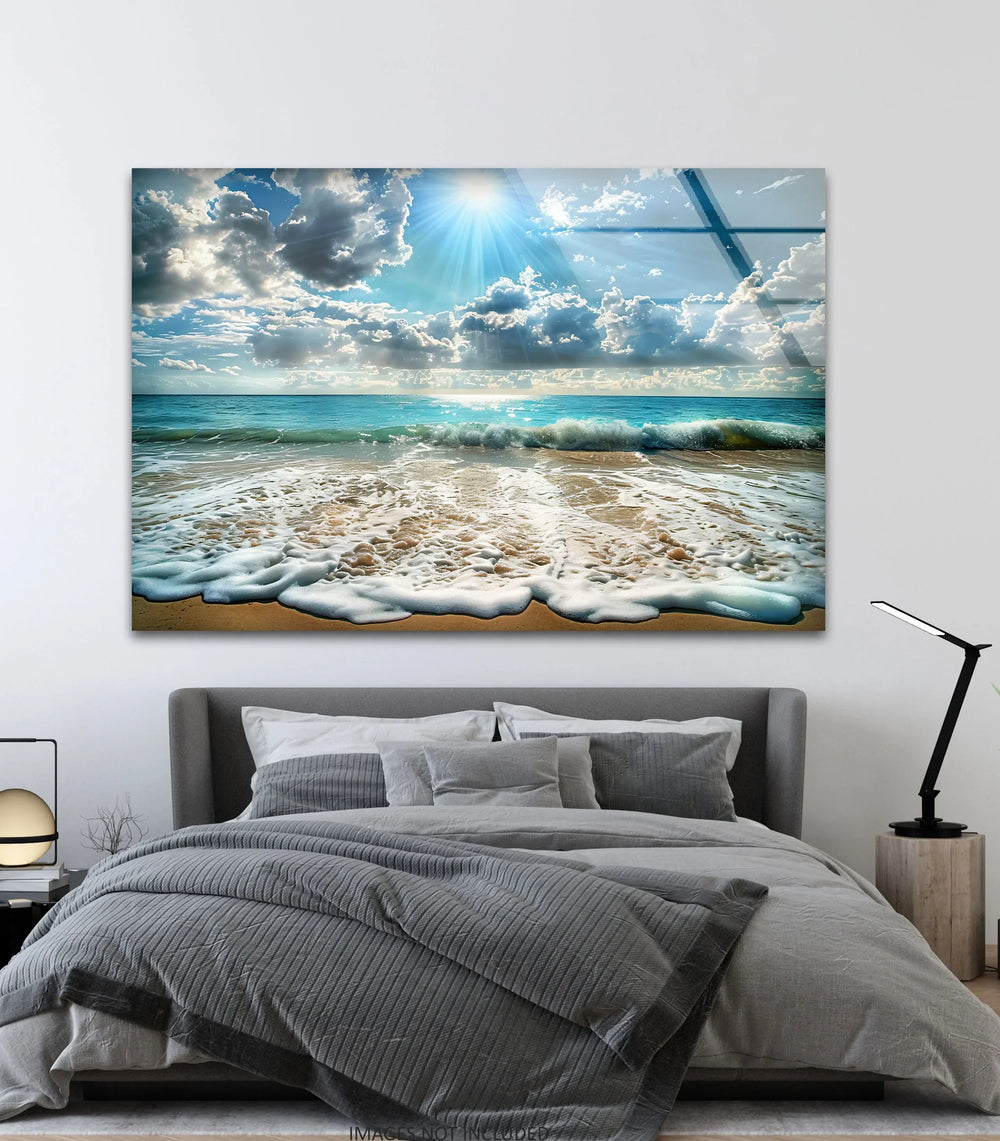 Sunlit Ocean Waves and Sandy Beach - Glass Wall Art - MyPhotoStation