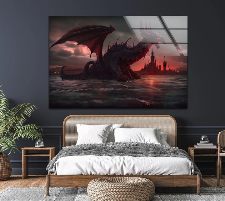 This Inferno Dragon glass art captures a dragon at its most powerful, roaring in the midst of a fiery landscape. A perfect piece for anyone who loves dramatic art and mythical creatures.