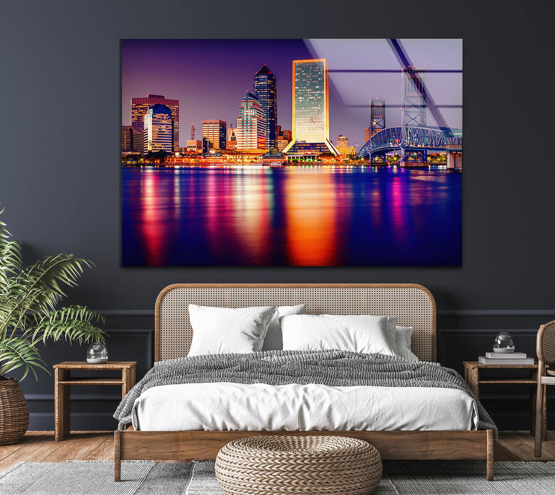 Jacksonville Skyline Glass Wall Art – Stunning View of Florida’s Iconic Downtown at Night - MyPhotoStation