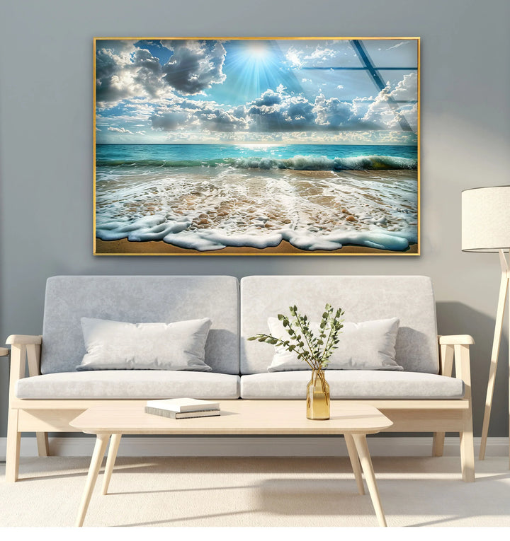 Sunlit Ocean Waves and Sandy Beach - Glass Wall Art - MyPhotoStation