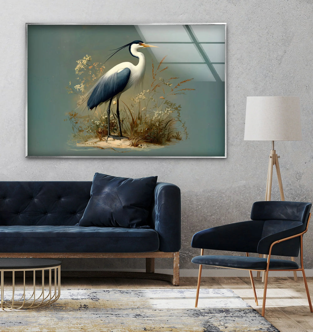 Quiet Bloom – Elegant Heron with Wildflowers Glass Wall Art - MyPhotoStation