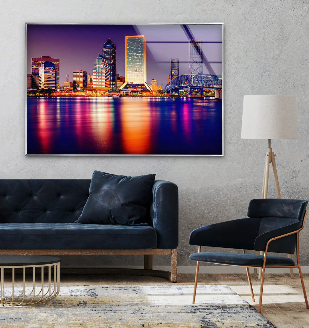Jacksonville Skyline Glass Wall Art – Stunning View of Florida’s Iconic Downtown at Night - MyPhotoStation