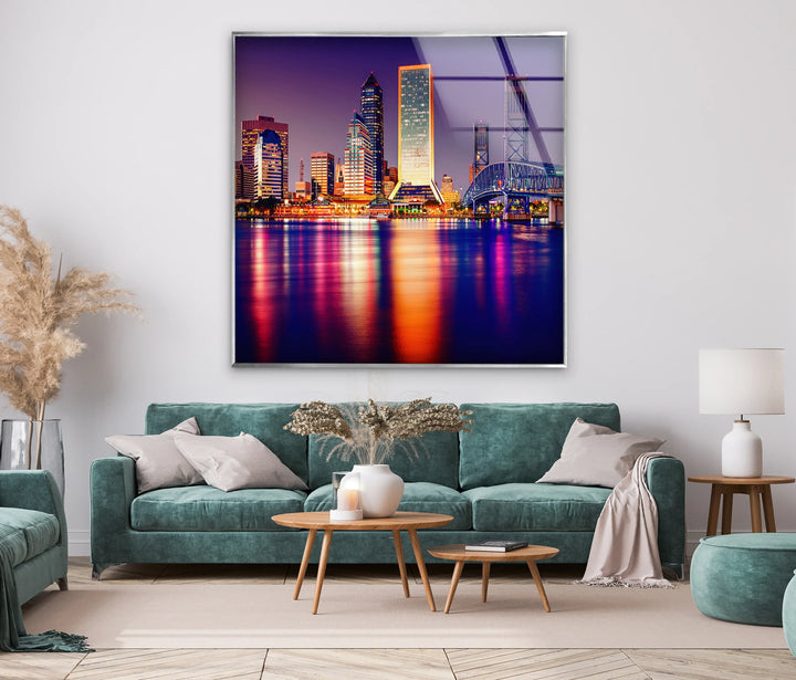 Jacksonville Skyline Glass Wall Art – Stunning View of Florida’s Iconic Downtown at Night - MyPhotoStation
